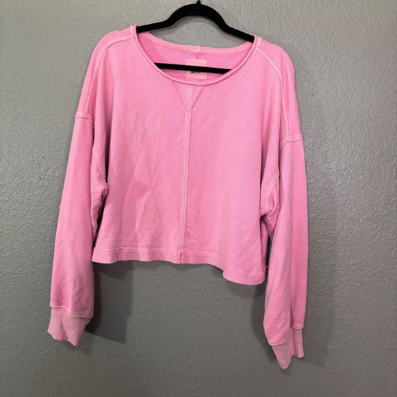 aerie Tops - Aerie Pink Cropped Sweatshirt Waffle Knit Boxy Pullover Large